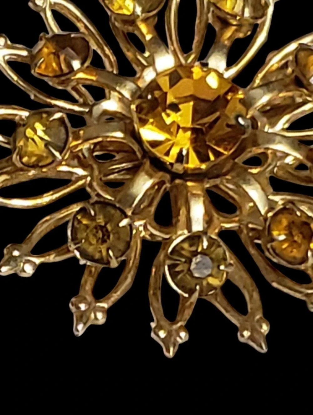 Vintage Coro Sunburst Brooch Pin Amber Gold Tone